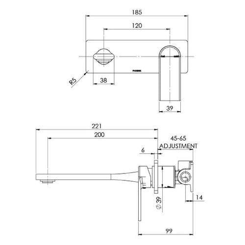 Teel 200mm Bath/Basin Wall Mixer Set