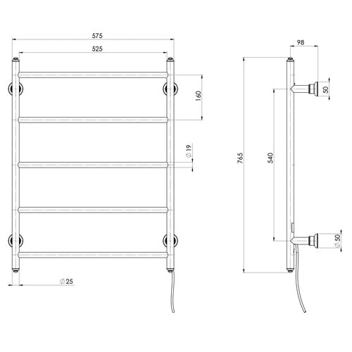 Cromford 600 x 765mm 5 Bar Heated Towel Rail
