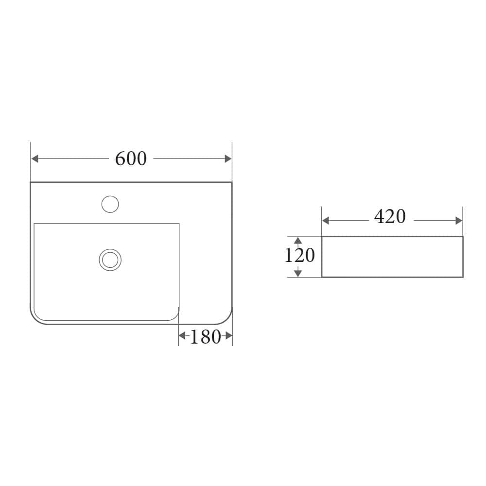 Vento 600mm Rectangle Ceramic Right Drainer Above Counter Basin