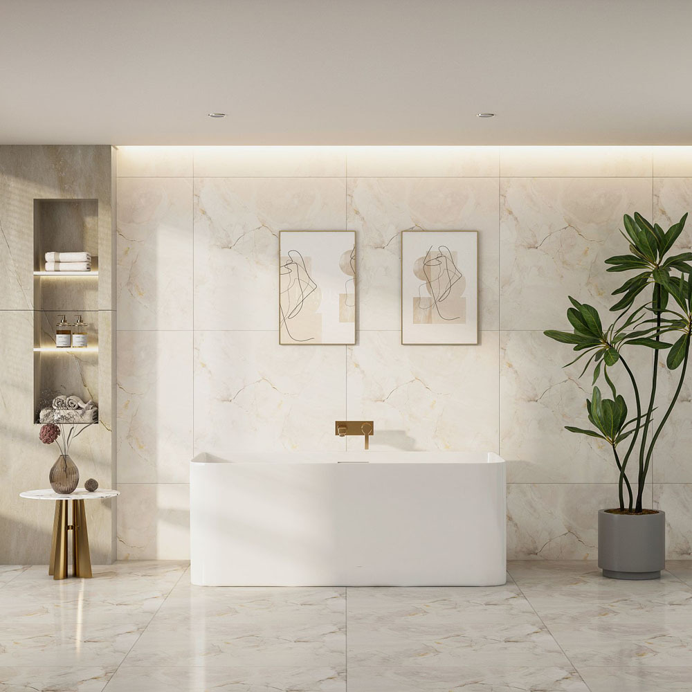 Bessemer Gloss White Rectangular Acrylic Back to Wall Bath with Overflow