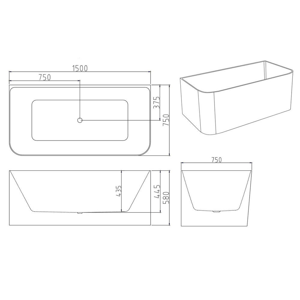 Bessemer Gloss White Rectangular Acrylic Back to Wall Bath with Overflow