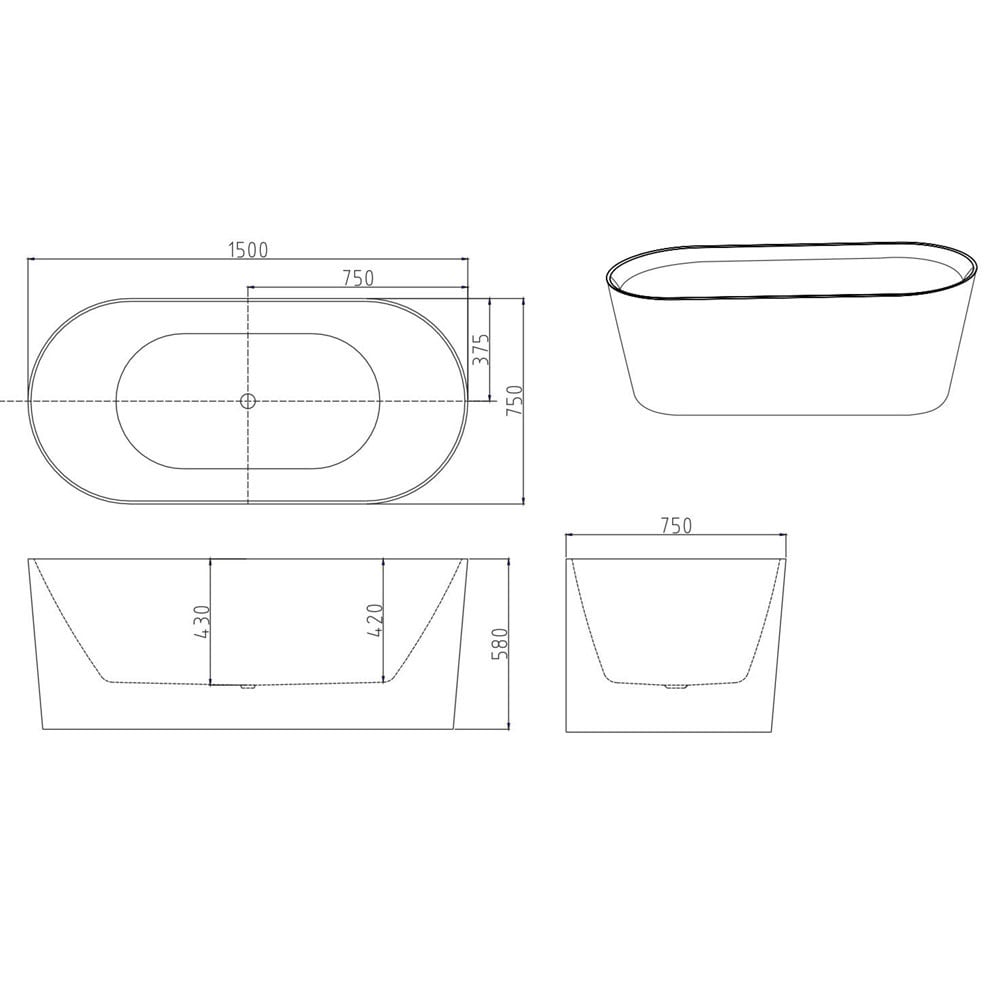 Vermont Gloss White Oval Acrylic Freestanding Bath with Overflow