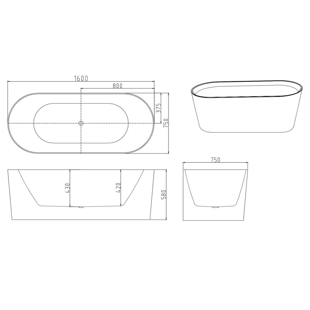 Vermont Gloss White Oval Acrylic Freestanding Bath with Overflow