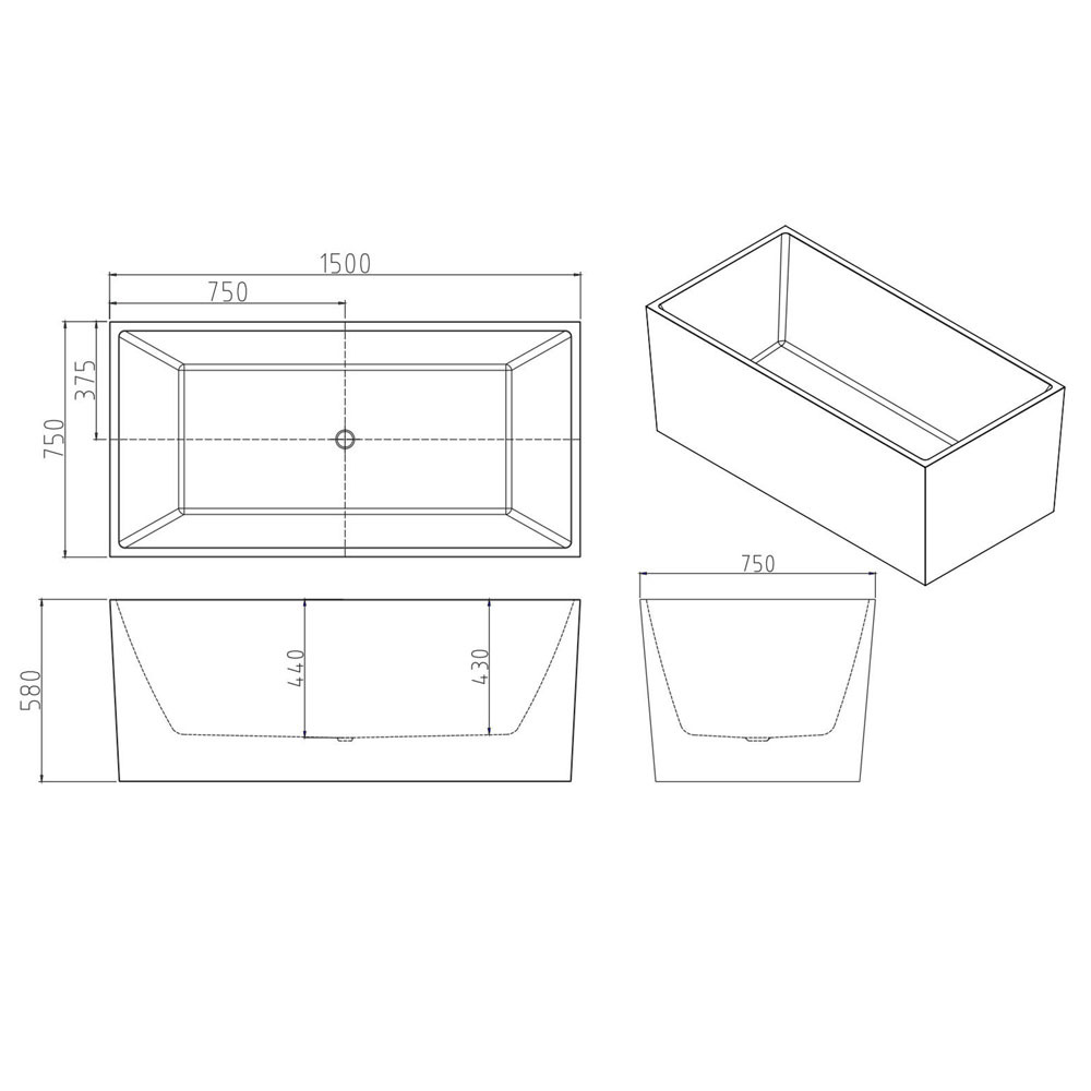 Albany Gloss White Rectangular Acrylic Freestanding Bath with Overflow