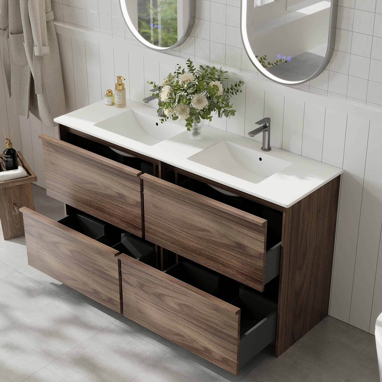 Malie 1500mm Notaio Walnut Freestanding Double Vanity with Ceramic Countertop