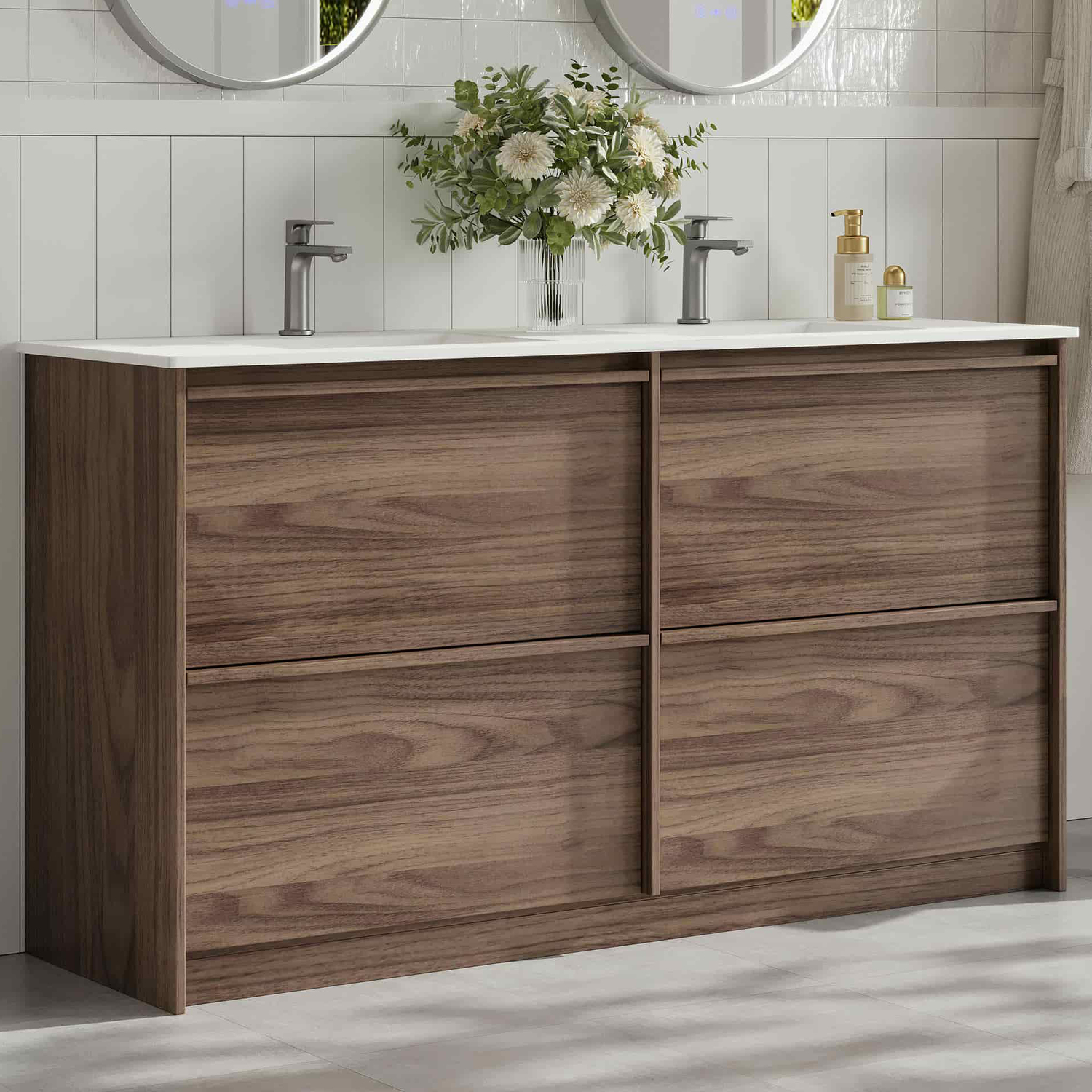 Malie 1500mm Notaio Walnut Freestanding Double Vanity with Ceramic Countertop