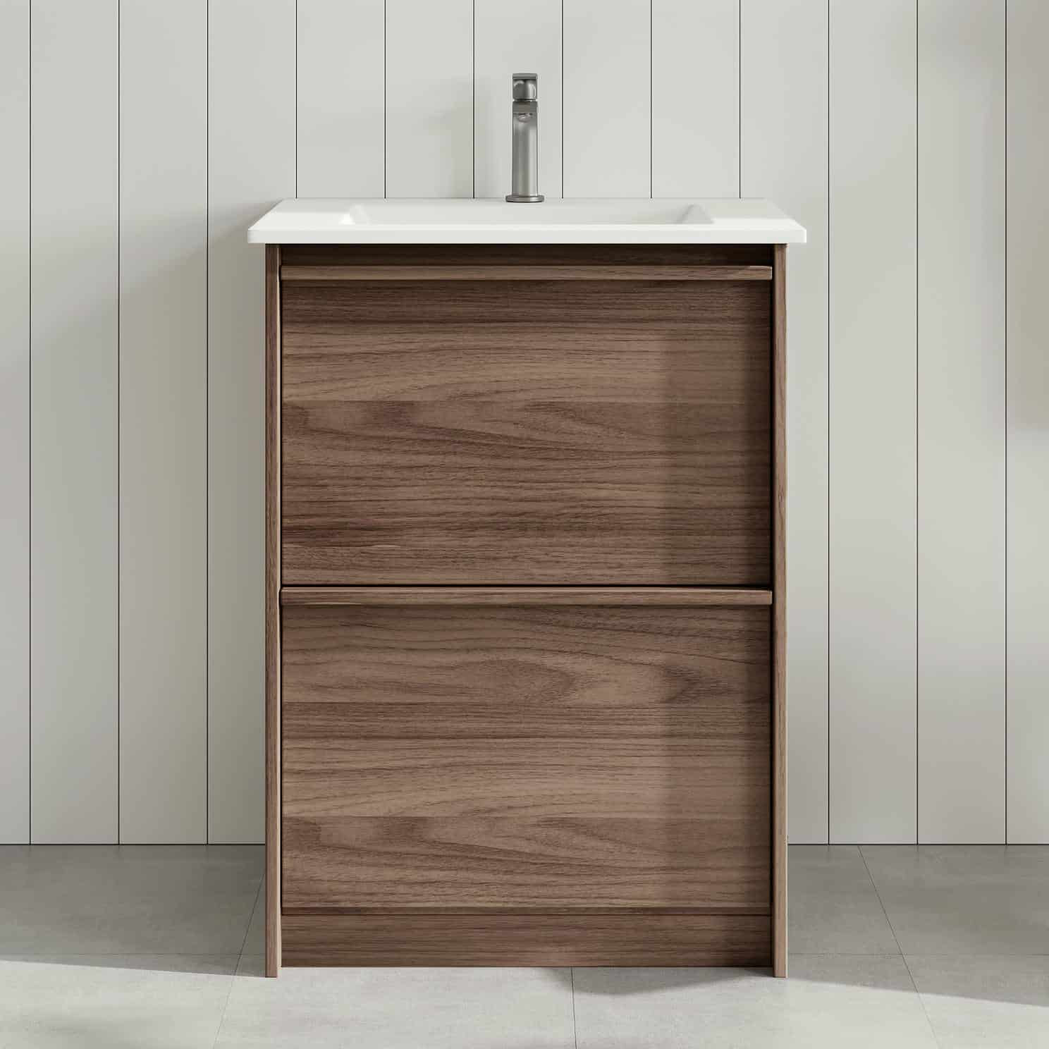 Malie 600mm Notaio Walnut Freestanding Single Vanity with Ceramic Countertop
