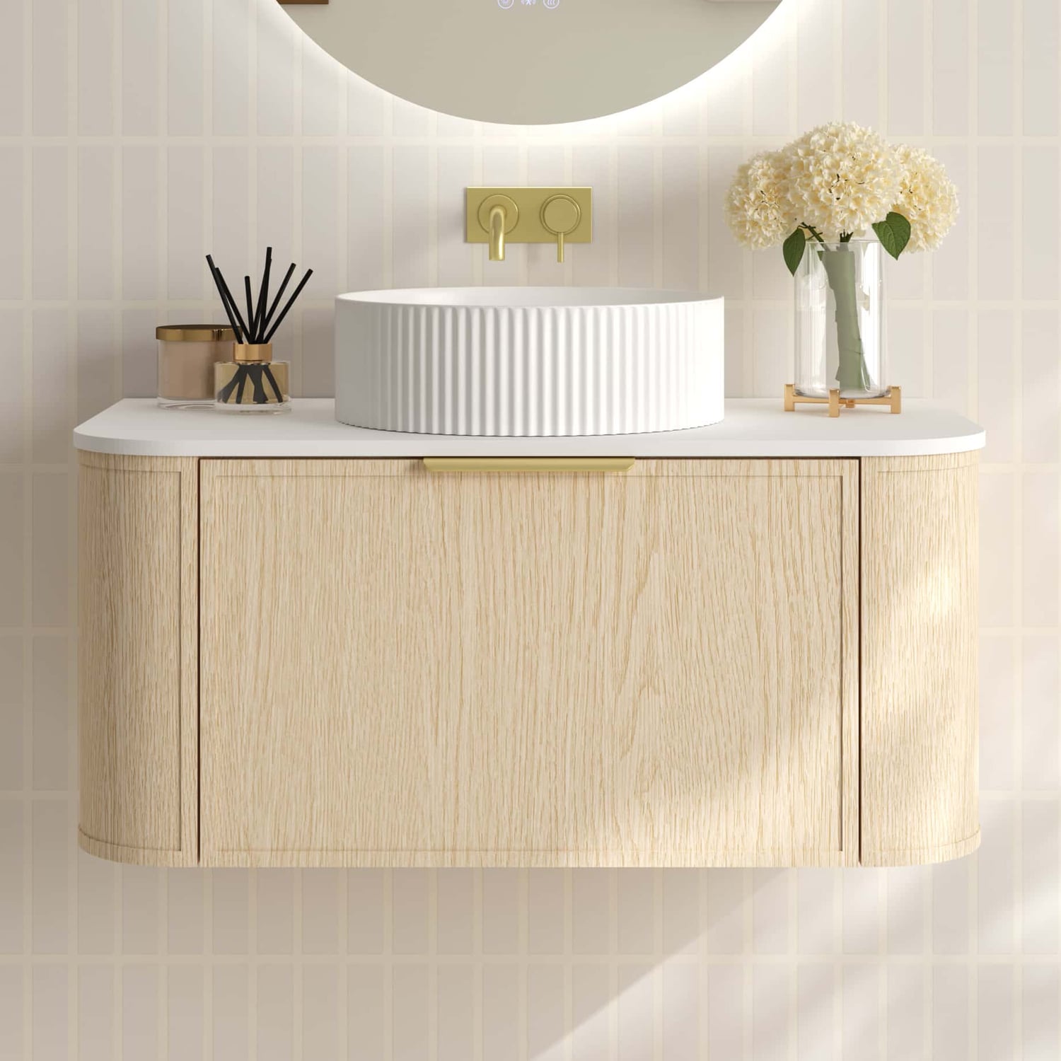 Ulualoha 900mm Natural Oak Wall Hung Single Vanity with Stone Countertop