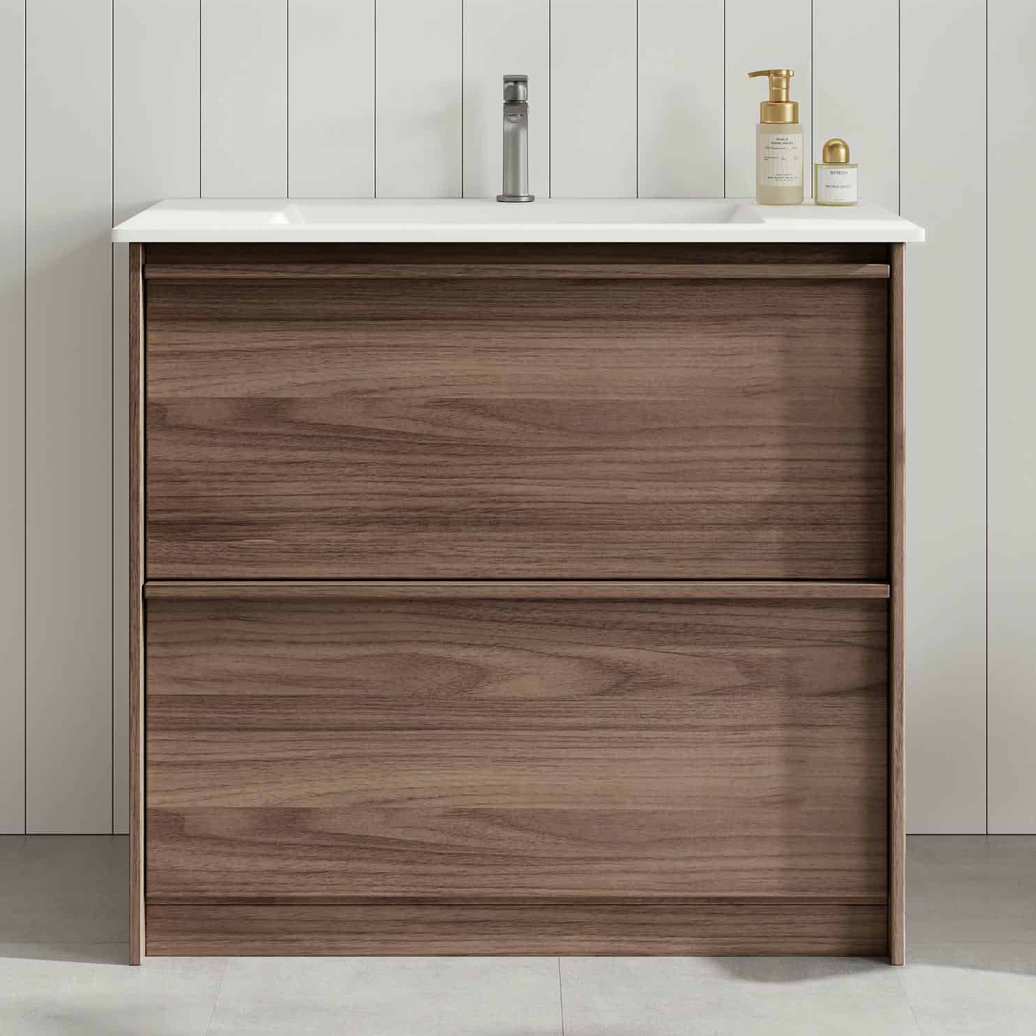 Malie 900mm Notaio Walnut Freestanding Single Vanity with Ceramic Countertop
