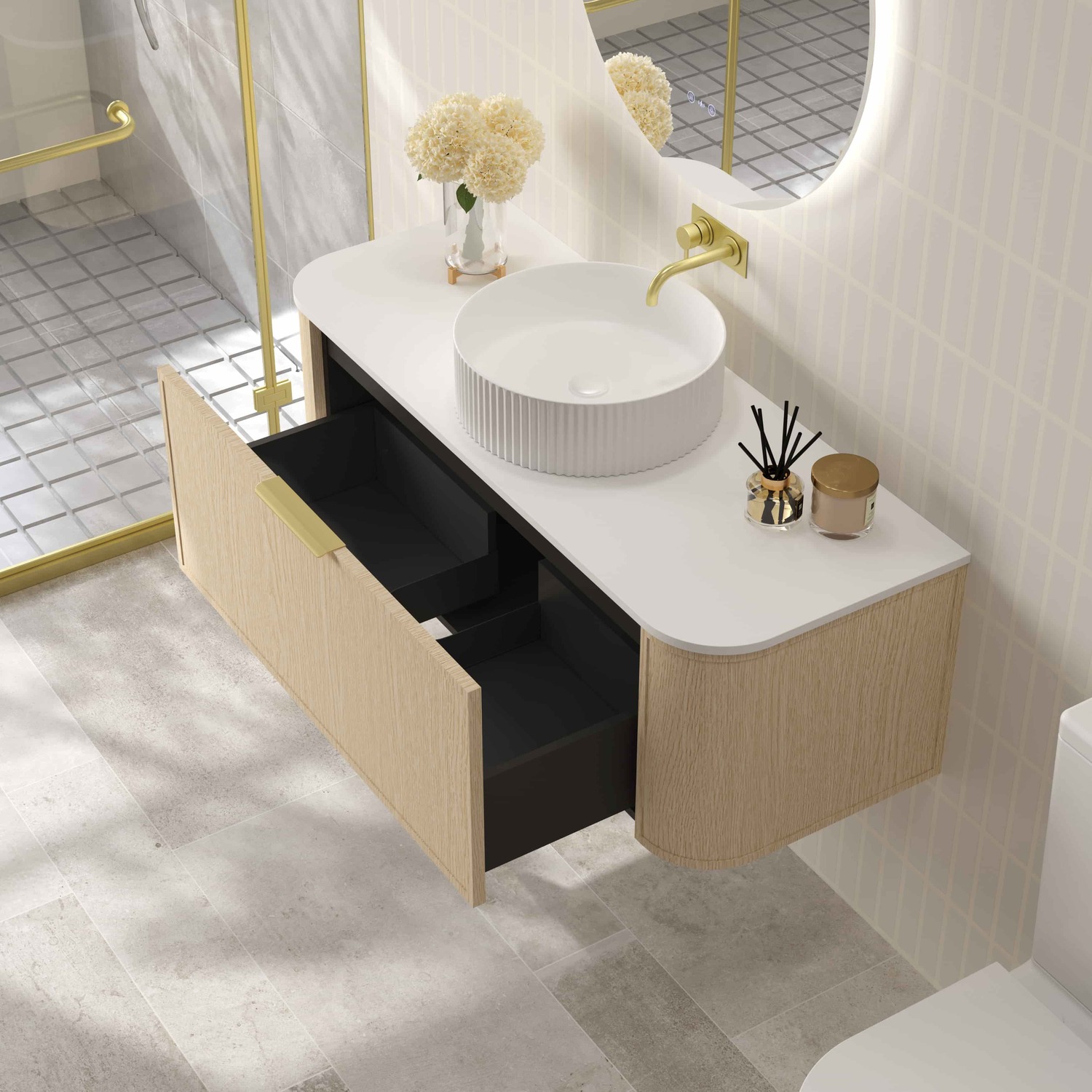 Ulualoha 1200mm Natural Oak Wall Hung Single Vanity with Stone Countertop