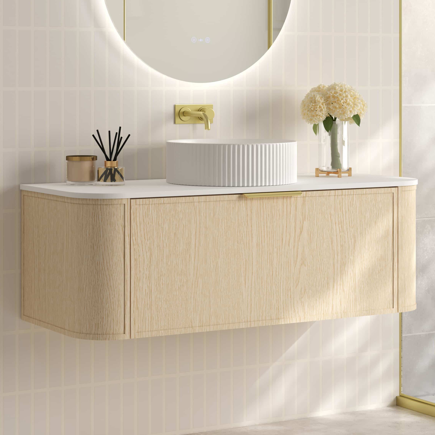 Ulualoha 1200mm Natural Oak Wall Hung Single Vanity with Stone Countertop