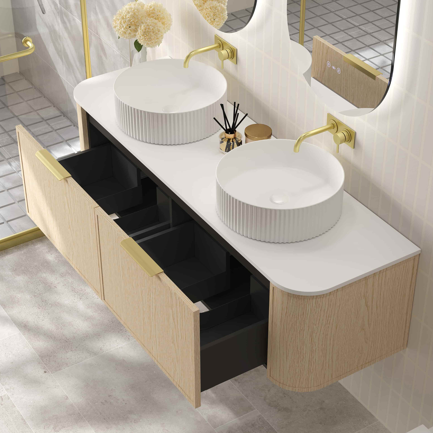 Ulualoha 1500mm Natural Oak Wall Hung Double Vanity with Stone Countertop