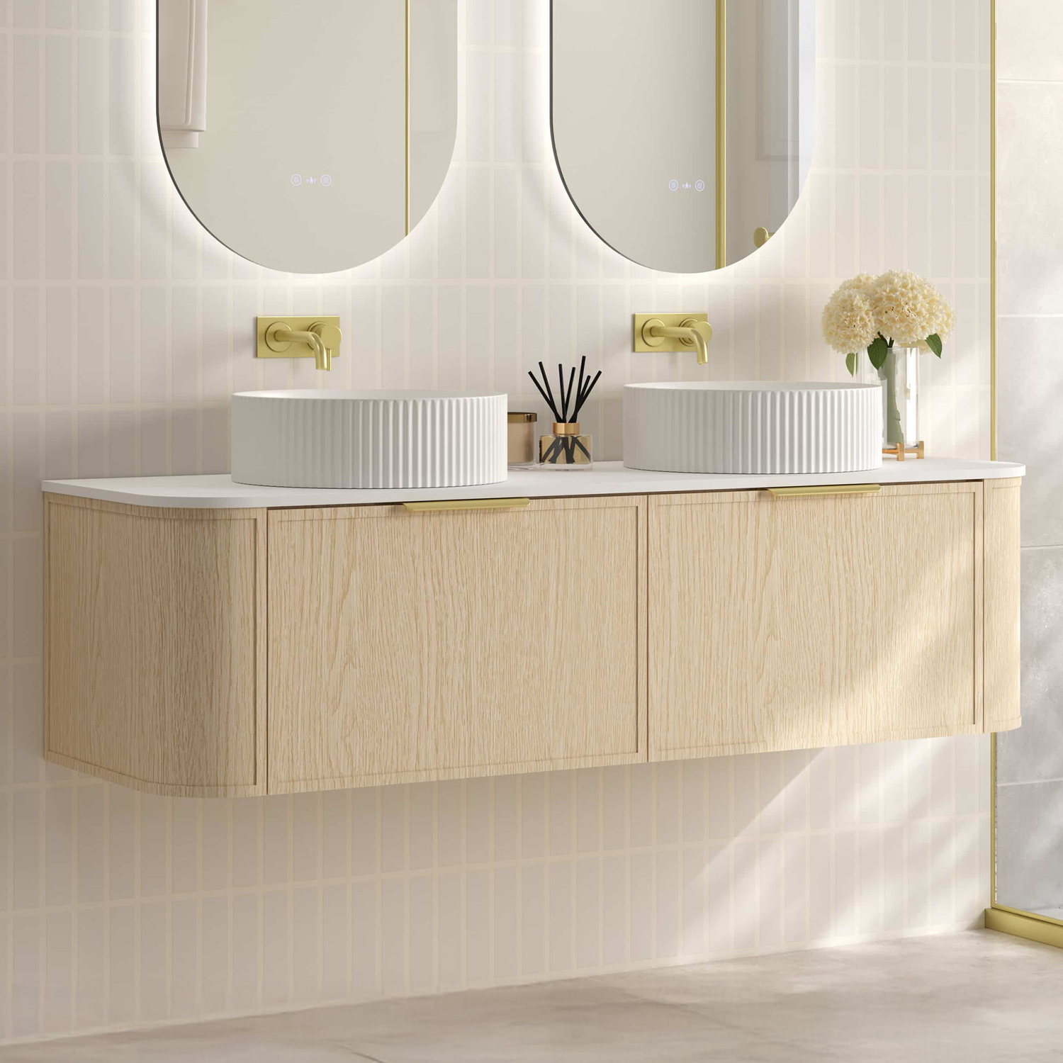 Ulualoha 1500mm Natural Oak Wall Hung Double Vanity with Stone Countertop