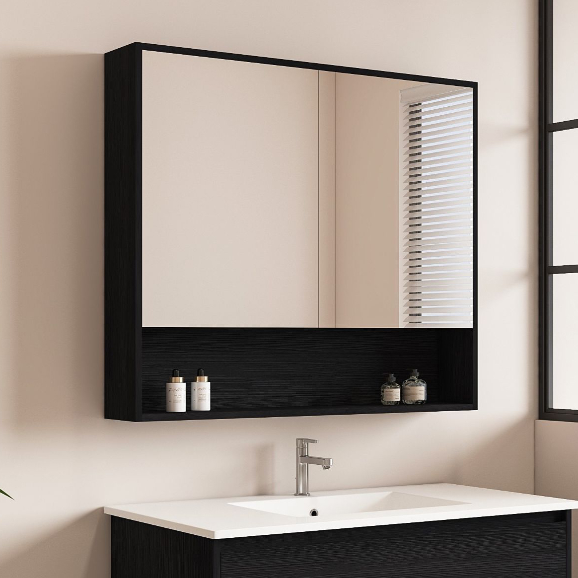 Laulea 900mm Mirrored Shaving Cabinet with Open Shelf
