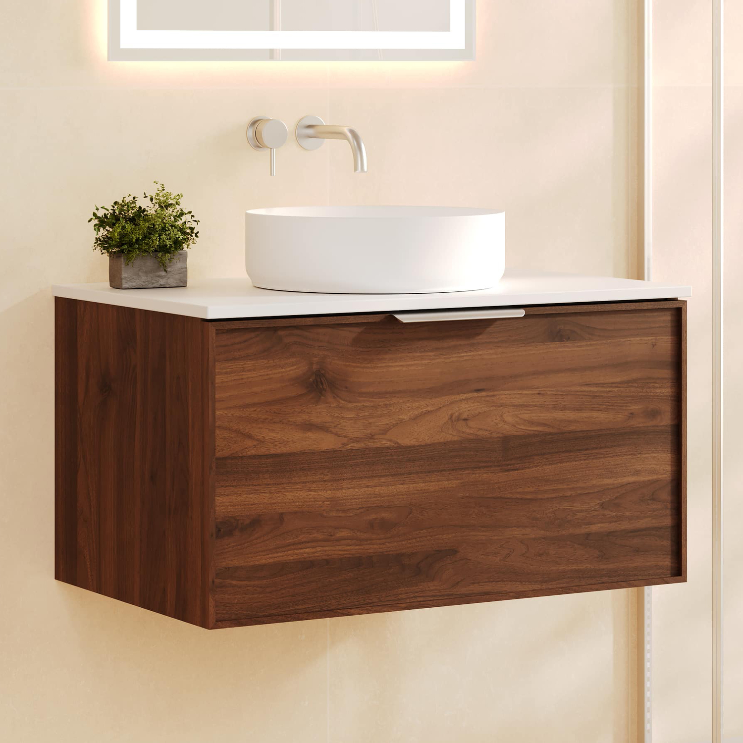 Ulualoha 750mm Walnut Woodmatt Wall Hung Single Vanity with Stone Countertop