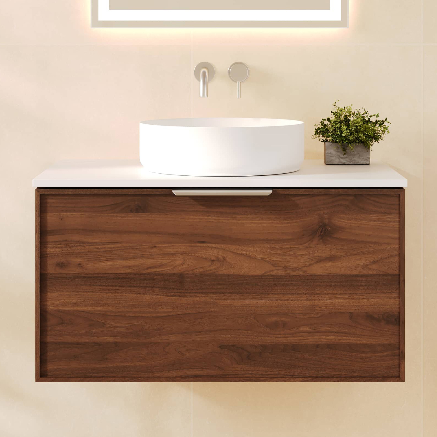 Ulualoha 750mm Walnut Woodmatt Wall Hung Single Vanity with Stone Countertop