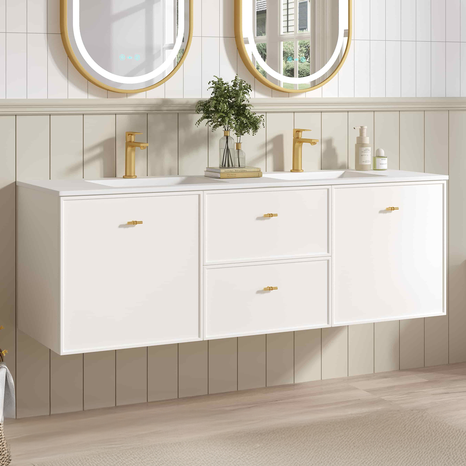 Nohoana 1500mm Matte White Wall Hung Double Vanity with Ceramic Countertop
