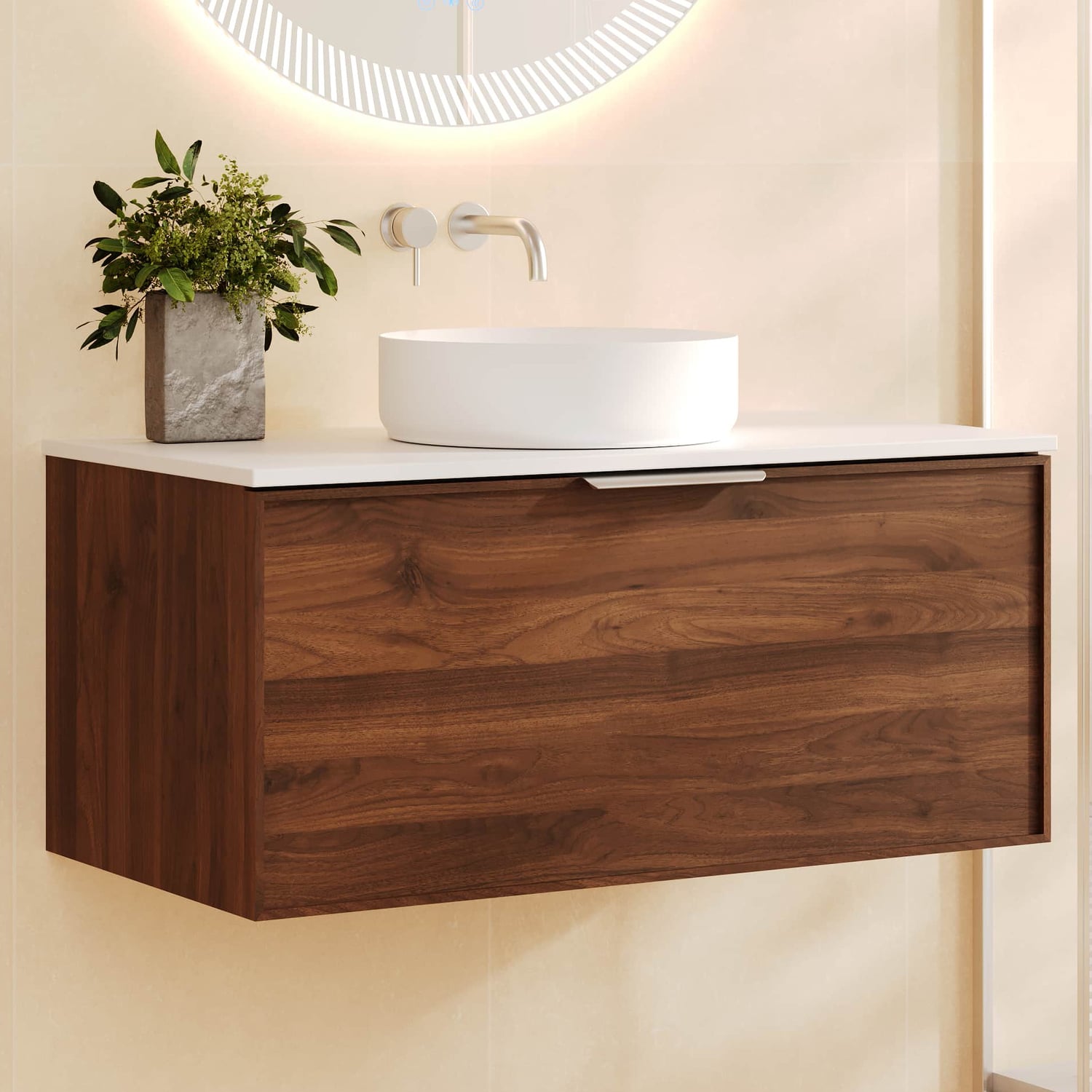 Ulualoha 900mm Walnut Woodmatt Wall Hung Single Vanity with Stone Countertop