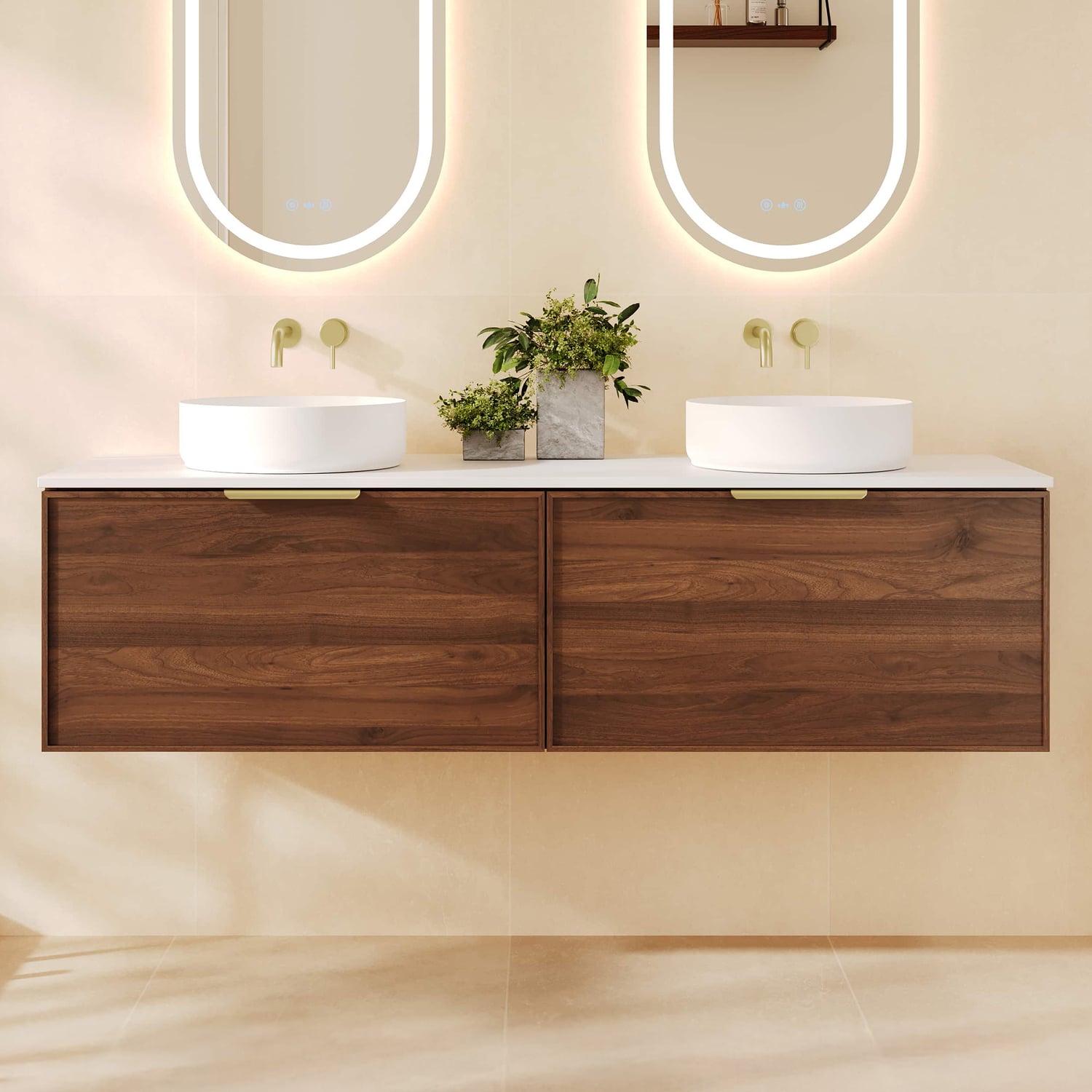 Ulualoha 1500mm Walnut Woodmatt Wall Hung Double Vanity with Stone Countertop