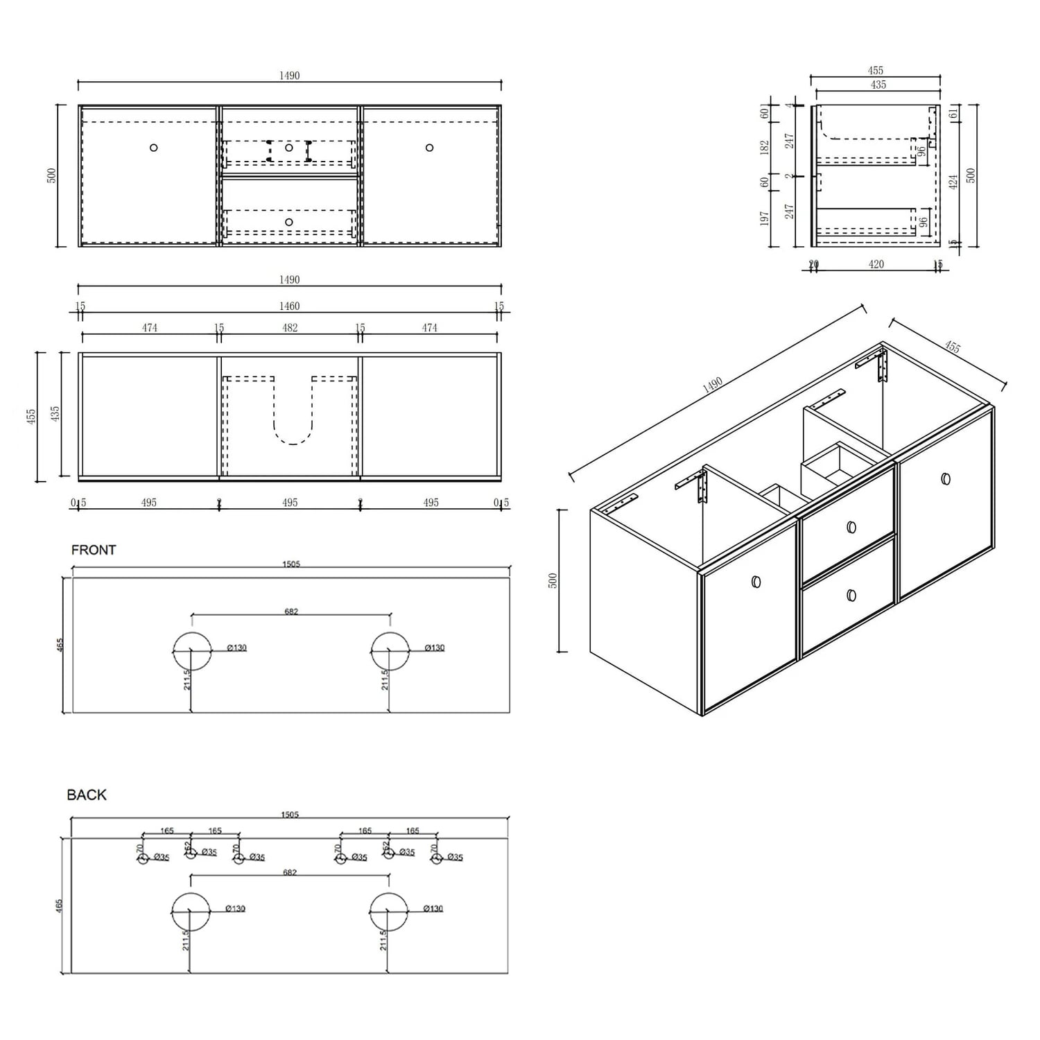 Wailani 1500mm Matte White Wall Hung Double Vanity with Stone Countertop