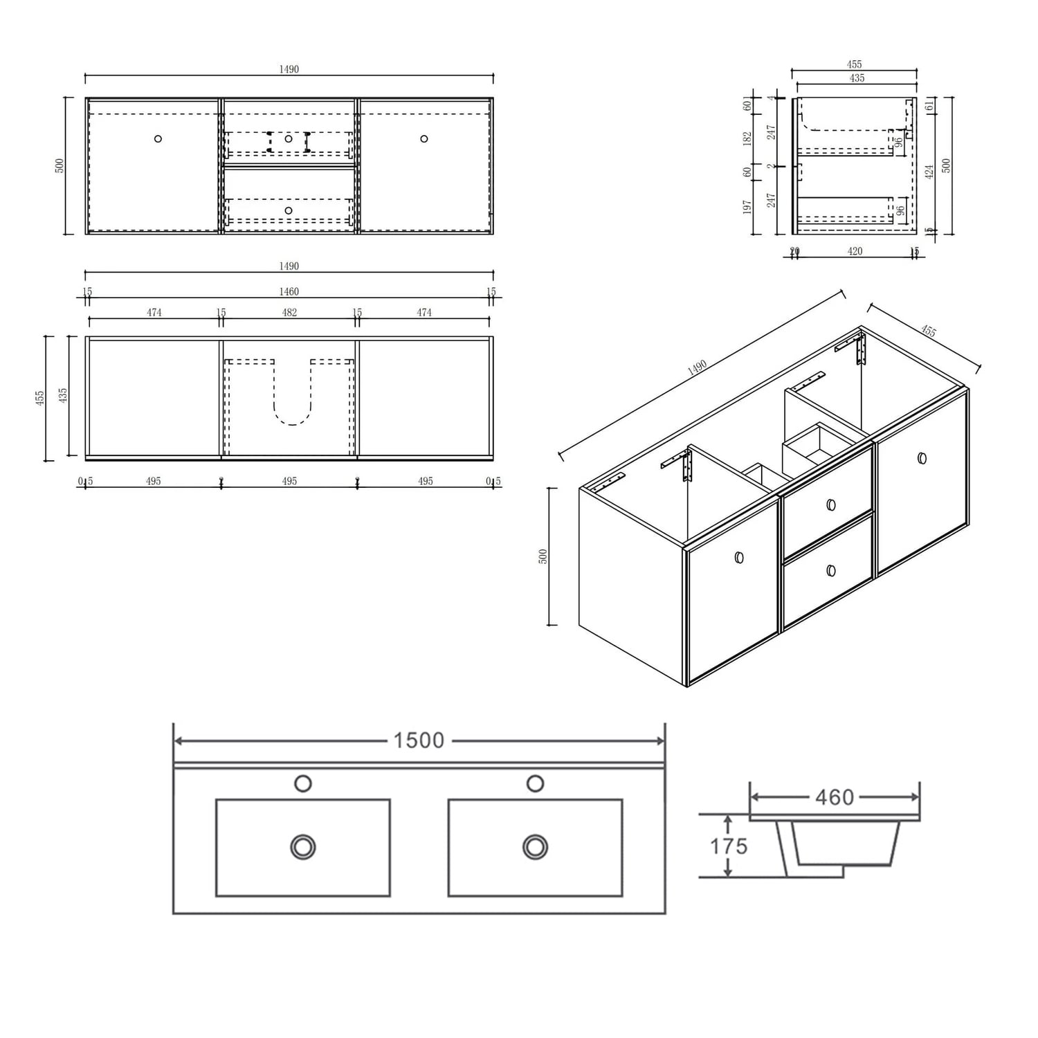 Nohoana 1500mm Matte White Wall Hung Double Vanity with Ceramic Countertop