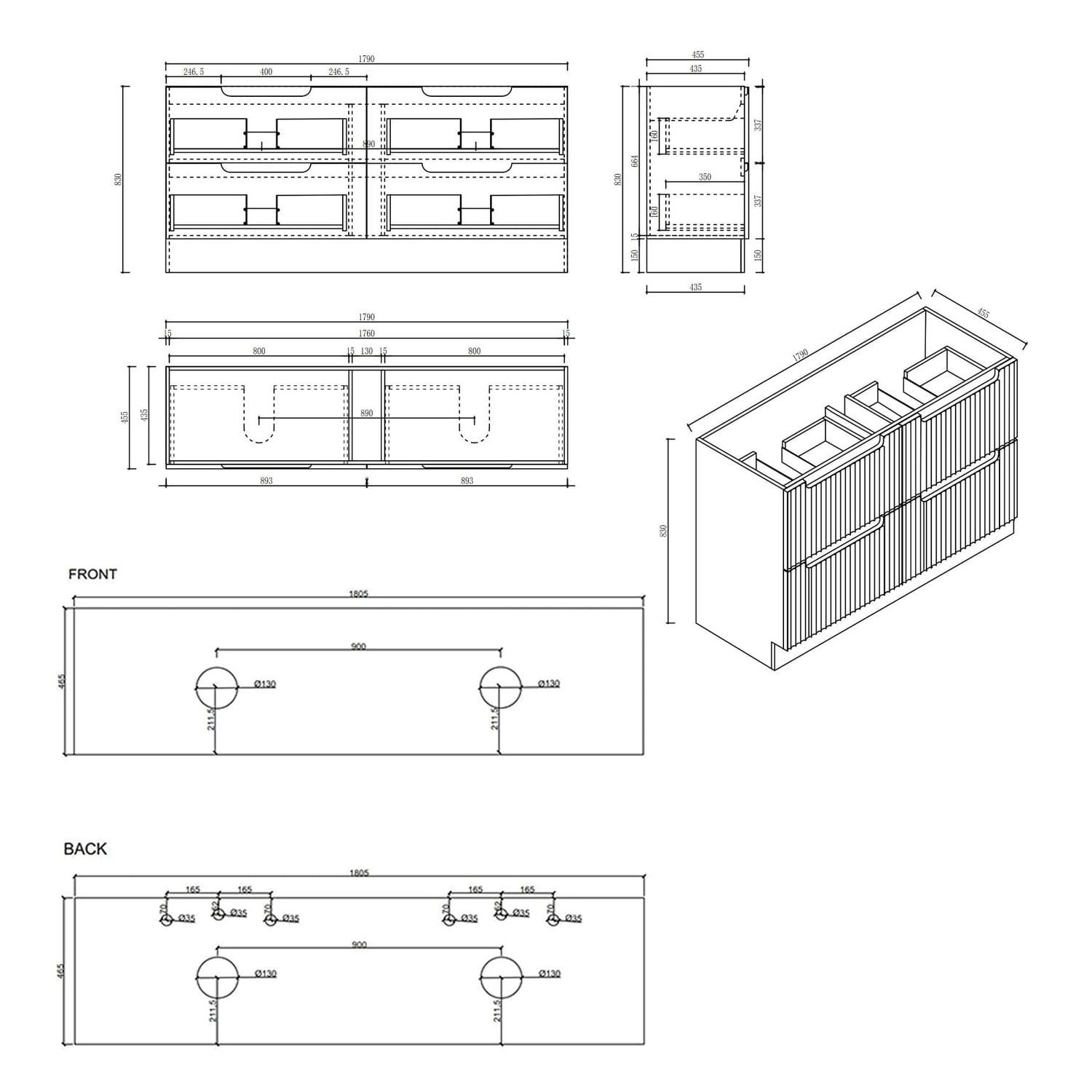 Lilinoe 1800mm Natural Oak Freestanding Double Vanity with Stone Countertop