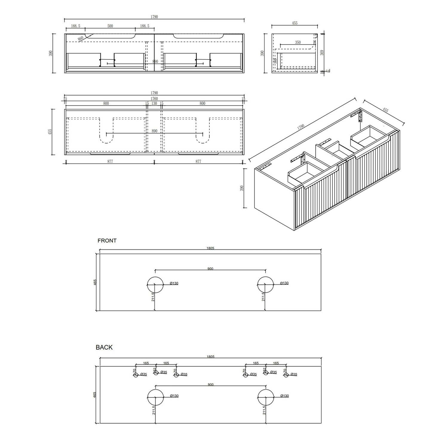 Lilinoe 1800mm Natural Oak Wall Hung Double Vanity with Stone Countertop