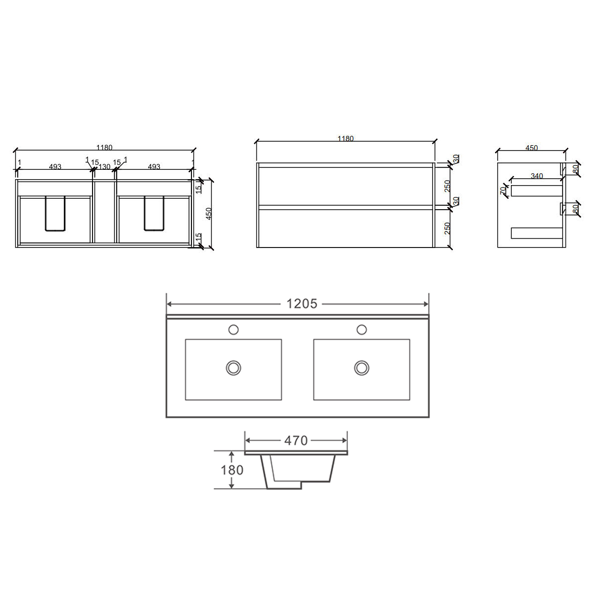 Laulea 1200mm Wall Hung Double Vanity with Ceramic Countertop