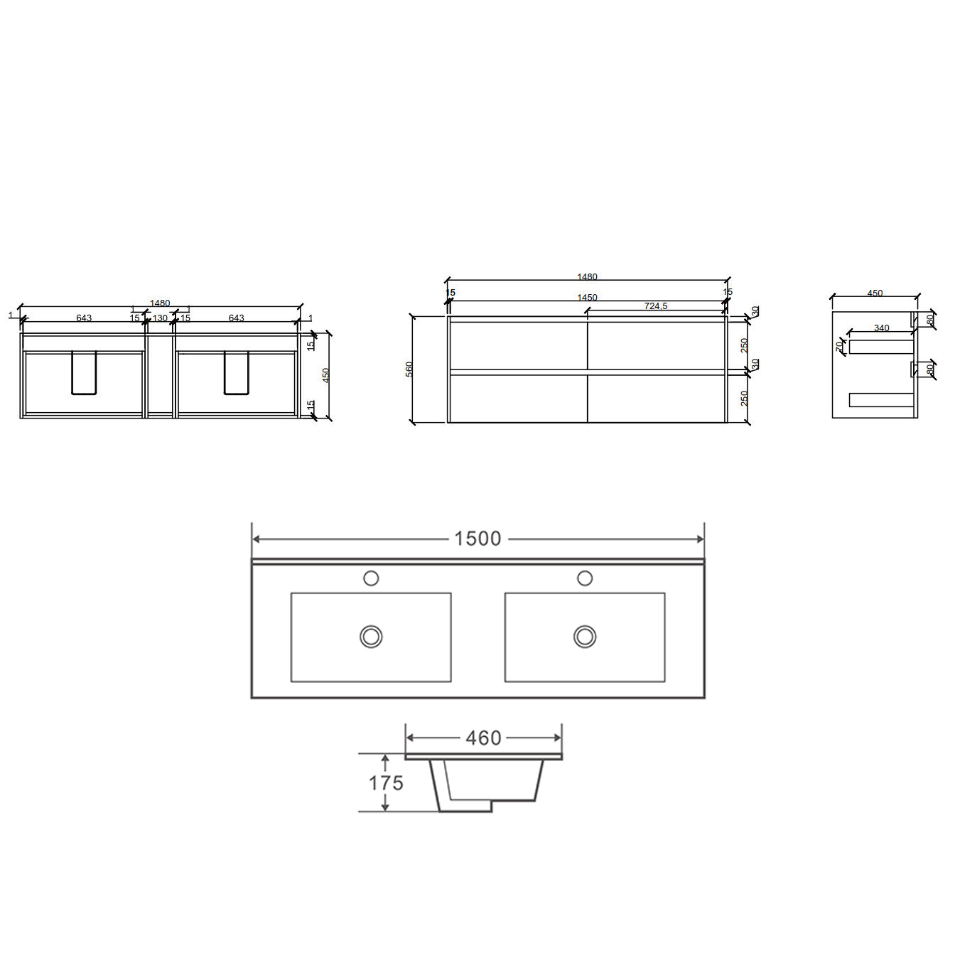 Laulea 1500mm Wall Hung Double Vanity with Ceramic Countertop