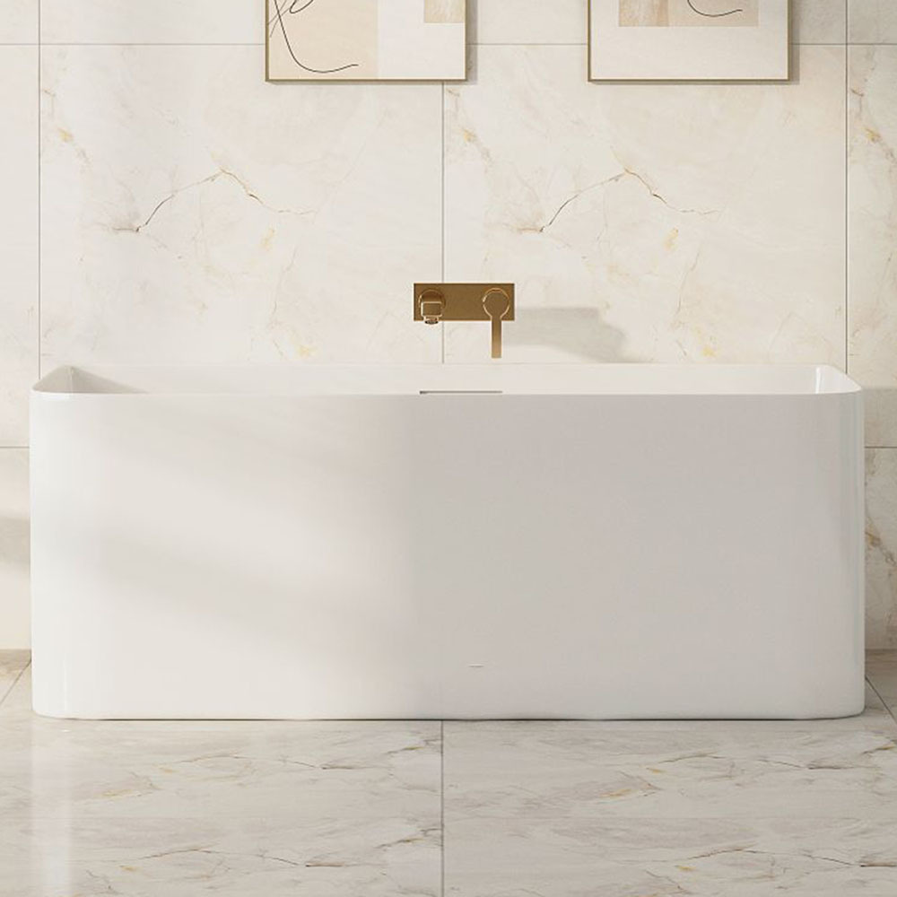 Bessemer Rectangular Acrylic Back to Wall Bath with Antique Brass Wall Mixer Set