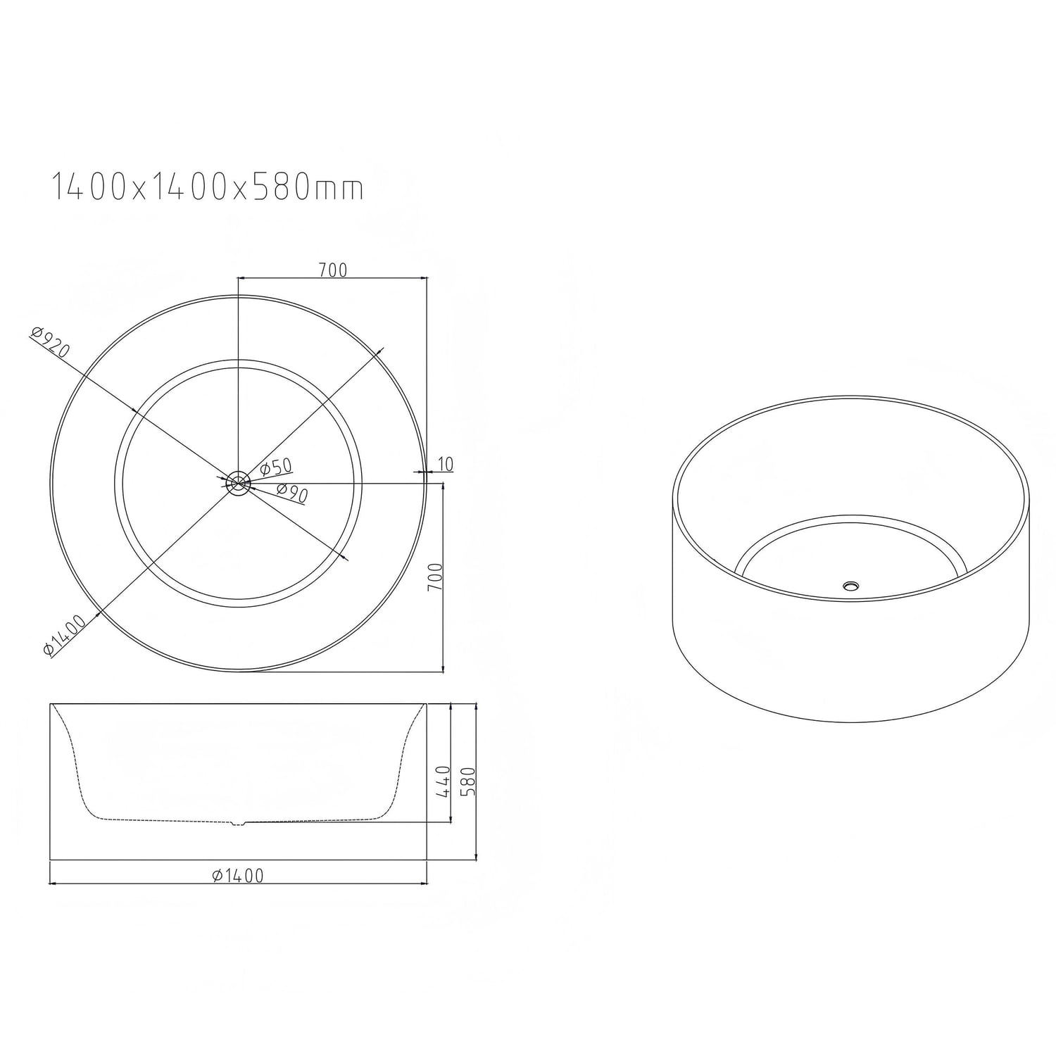 Callan 1400mm Acrylic Freestanding Bath with Overflow