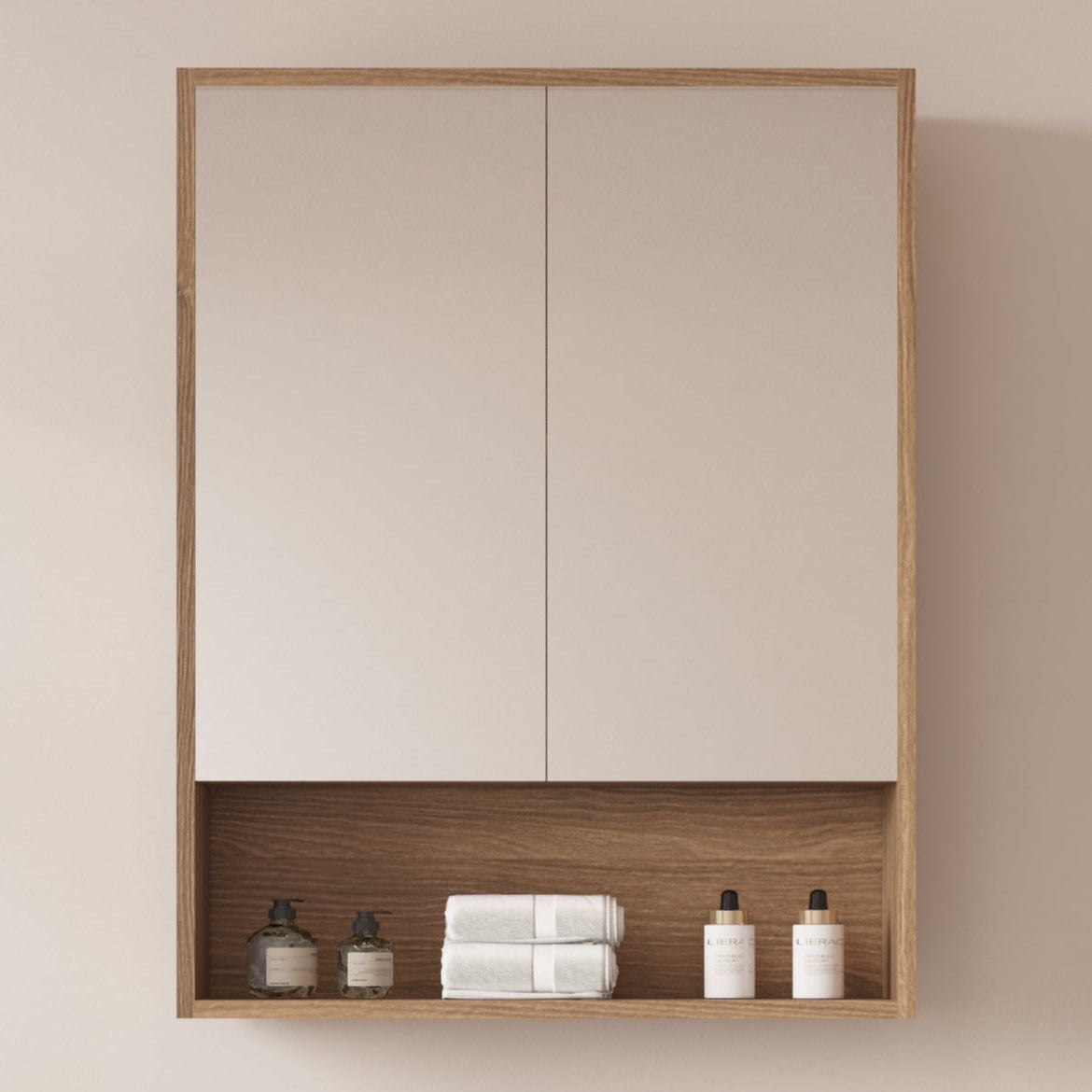 Horizon 600mm Medium Oak Mirrored Shaving Cabinet with Open Shelf
