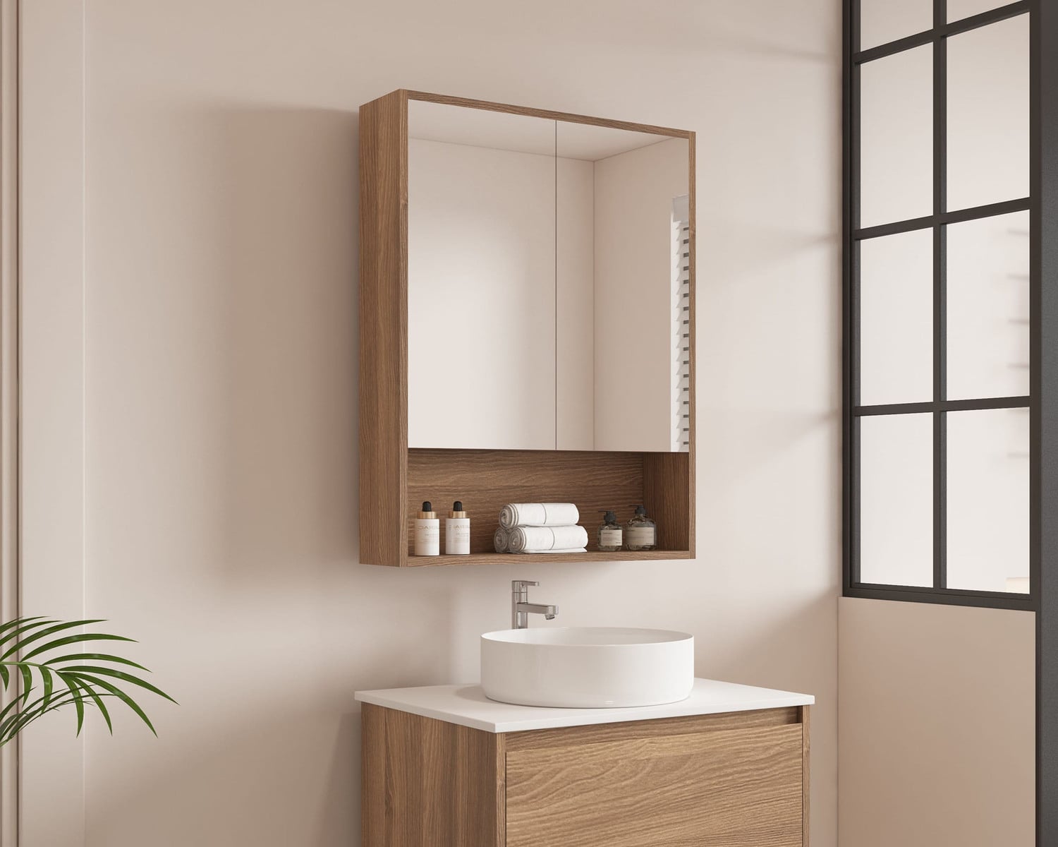 Horizon 600mm Medium Oak Mirrored Shaving Cabinet with Open Shelf