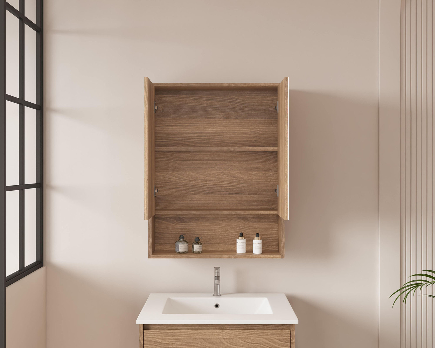 Horizon 600mm Medium Oak Mirrored Shaving Cabinet with Open Shelf