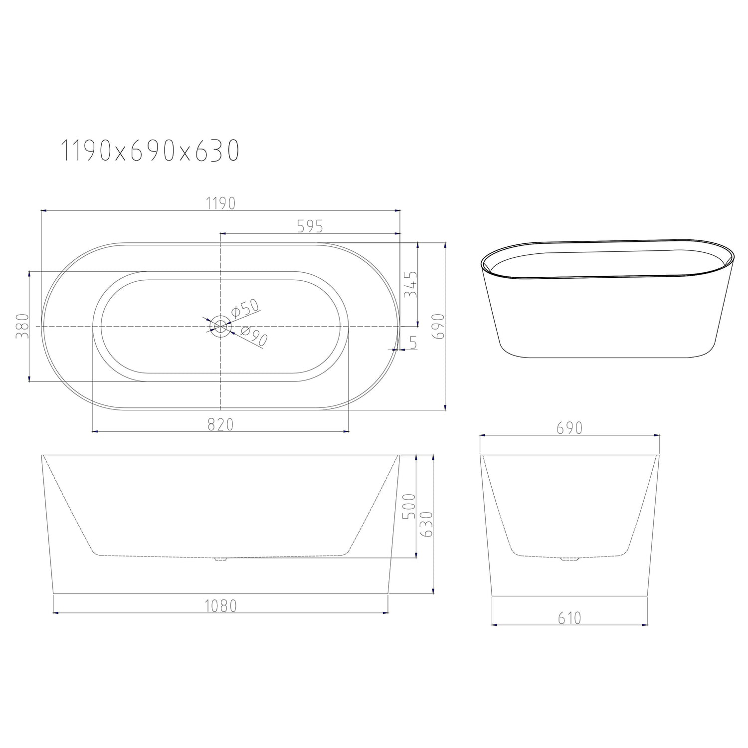 Amalfi 1190mm Gloss White Acrylic Freestanding Bath with Overflow