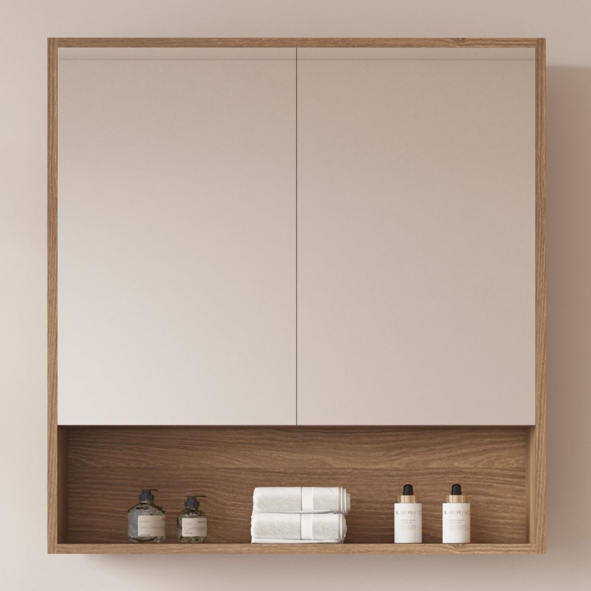 Horizon 750mm Medium Oak Mirrored Shaving Cabinet with Open Shelf