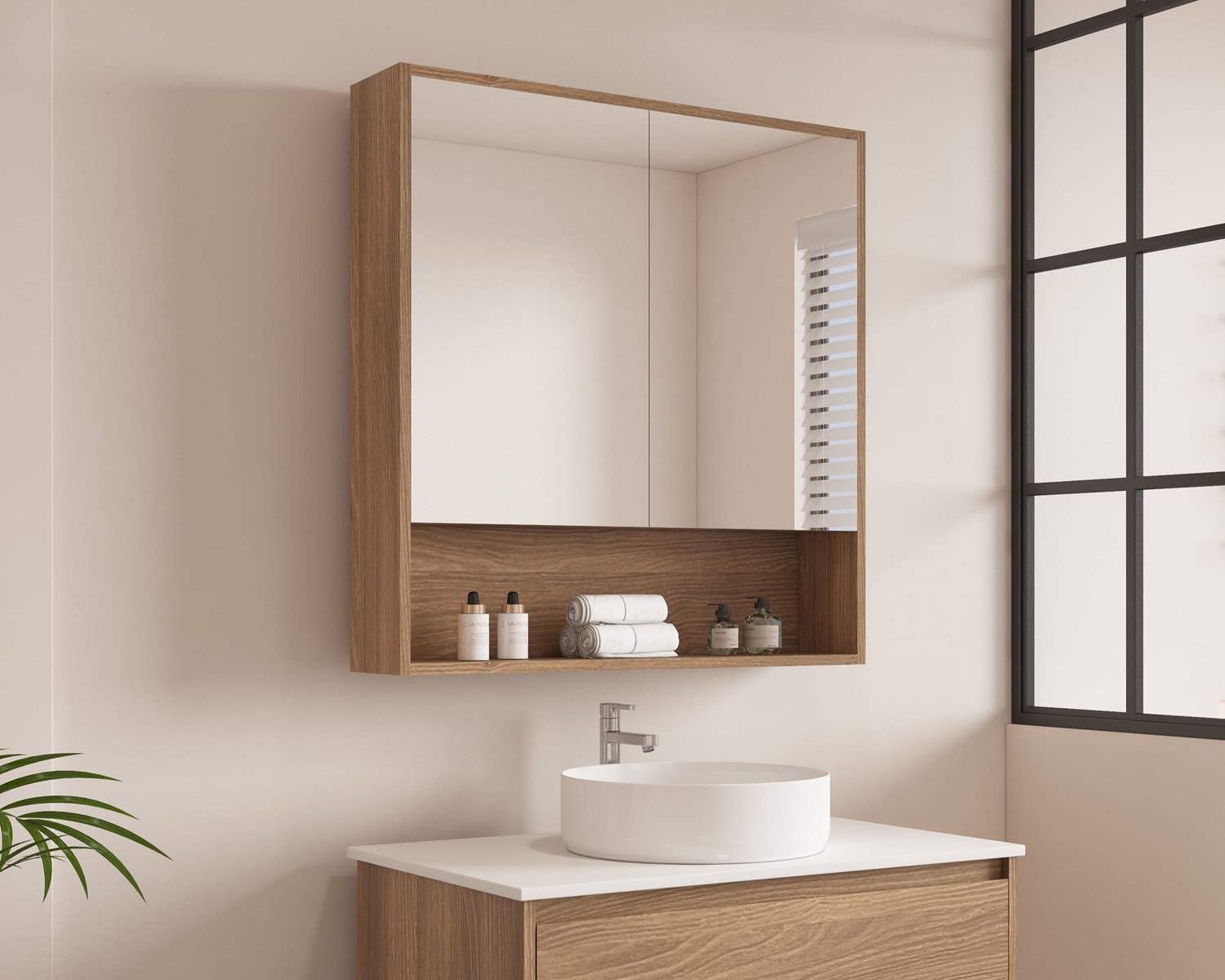 Horizon 750mm Medium Oak Mirrored Shaving Cabinet with Open Shelf
