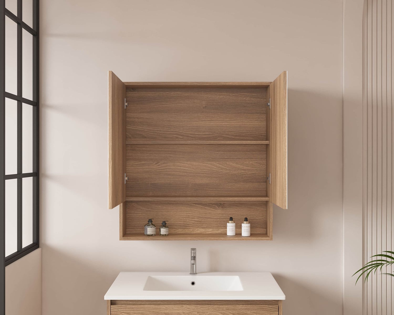 Horizon 750mm Medium Oak Mirrored Shaving Cabinet with Open Shelf