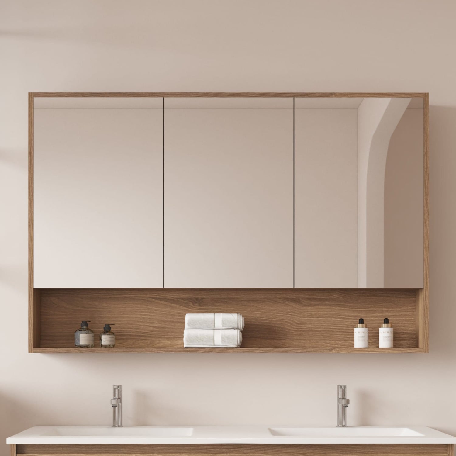Horizon 1200mm Medium Oak Mirrored Shaving Cabinet with Open Shelf