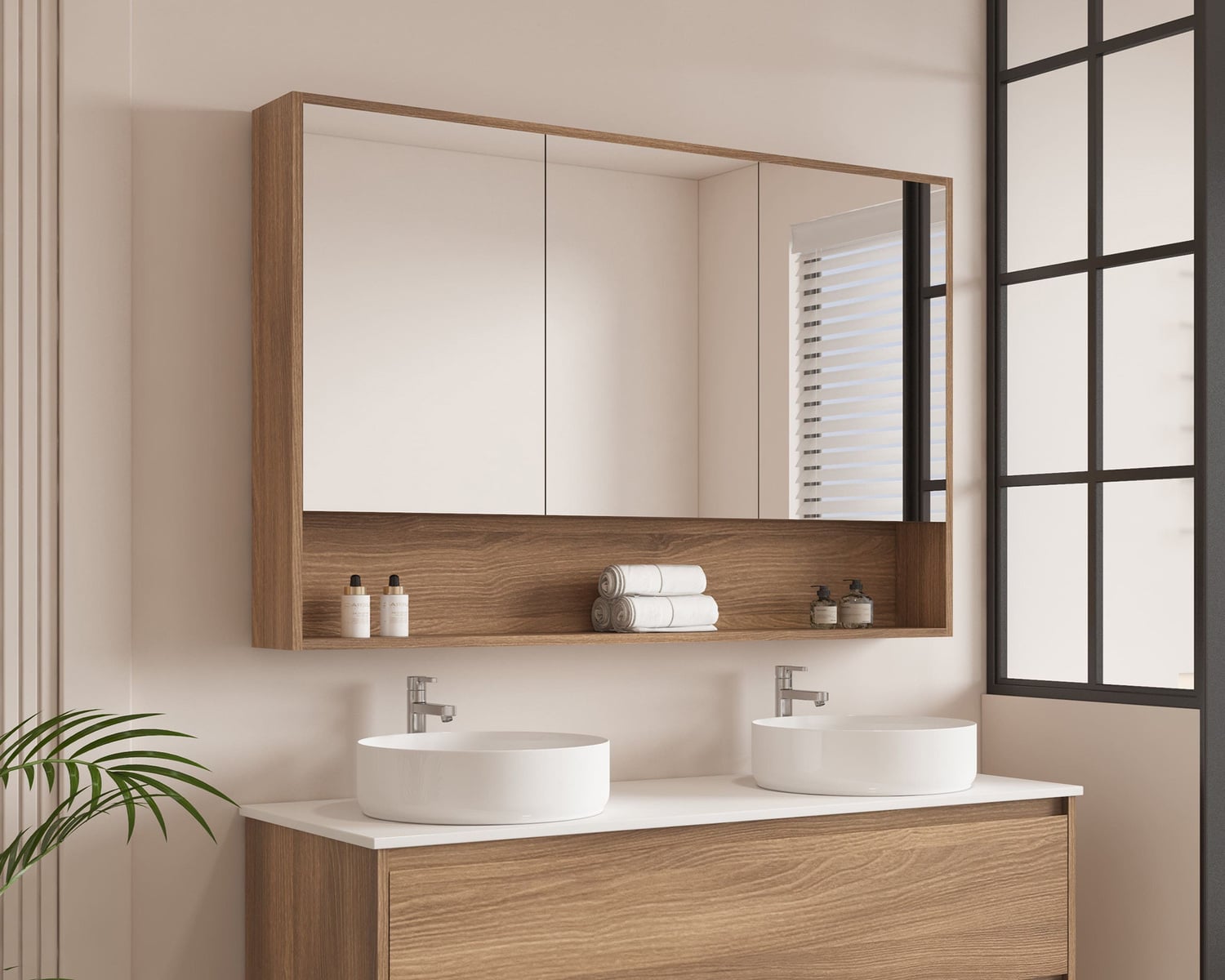 Horizon 1200mm Medium Oak Mirrored Shaving Cabinet with Open Shelf