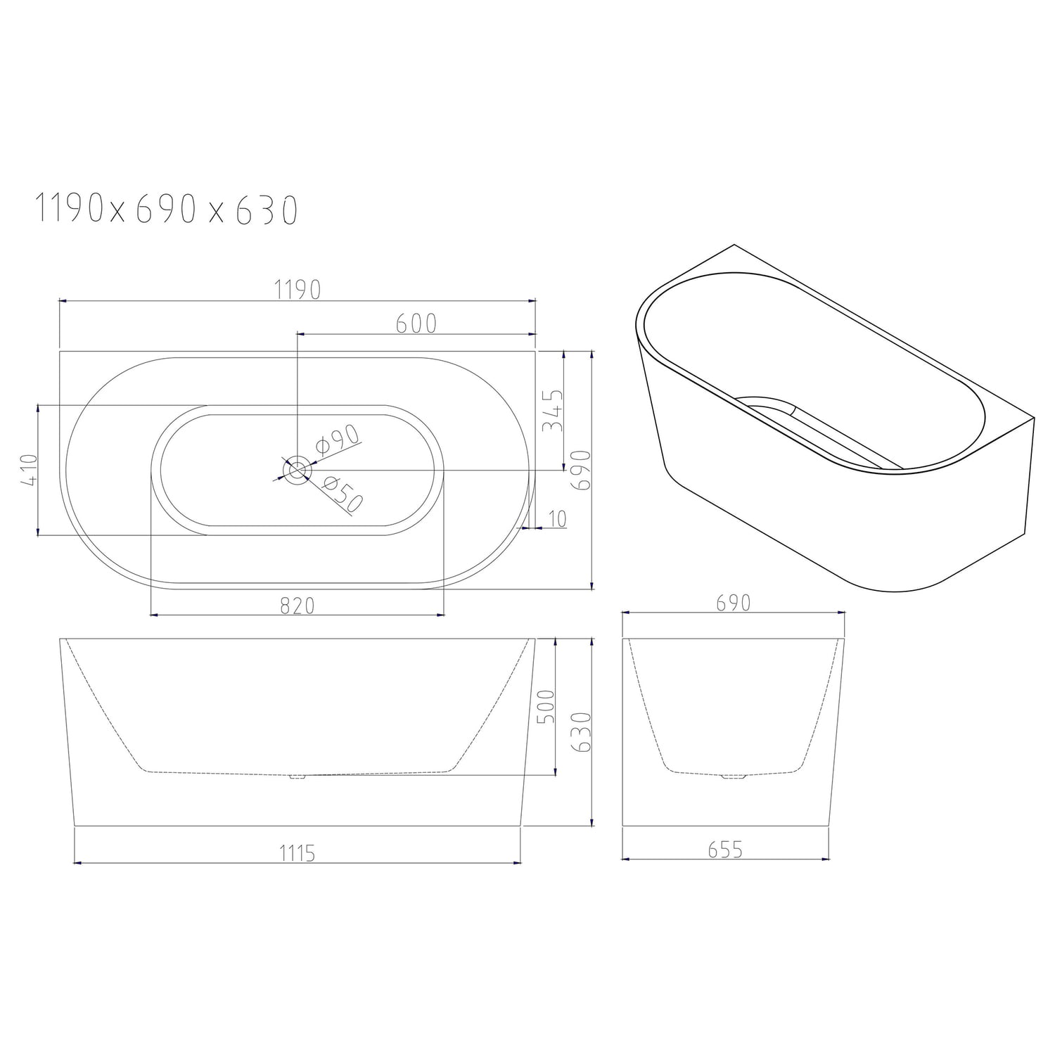 Muse 1190mm Gloss White Acrylic Back to Wall Bath with Overflow