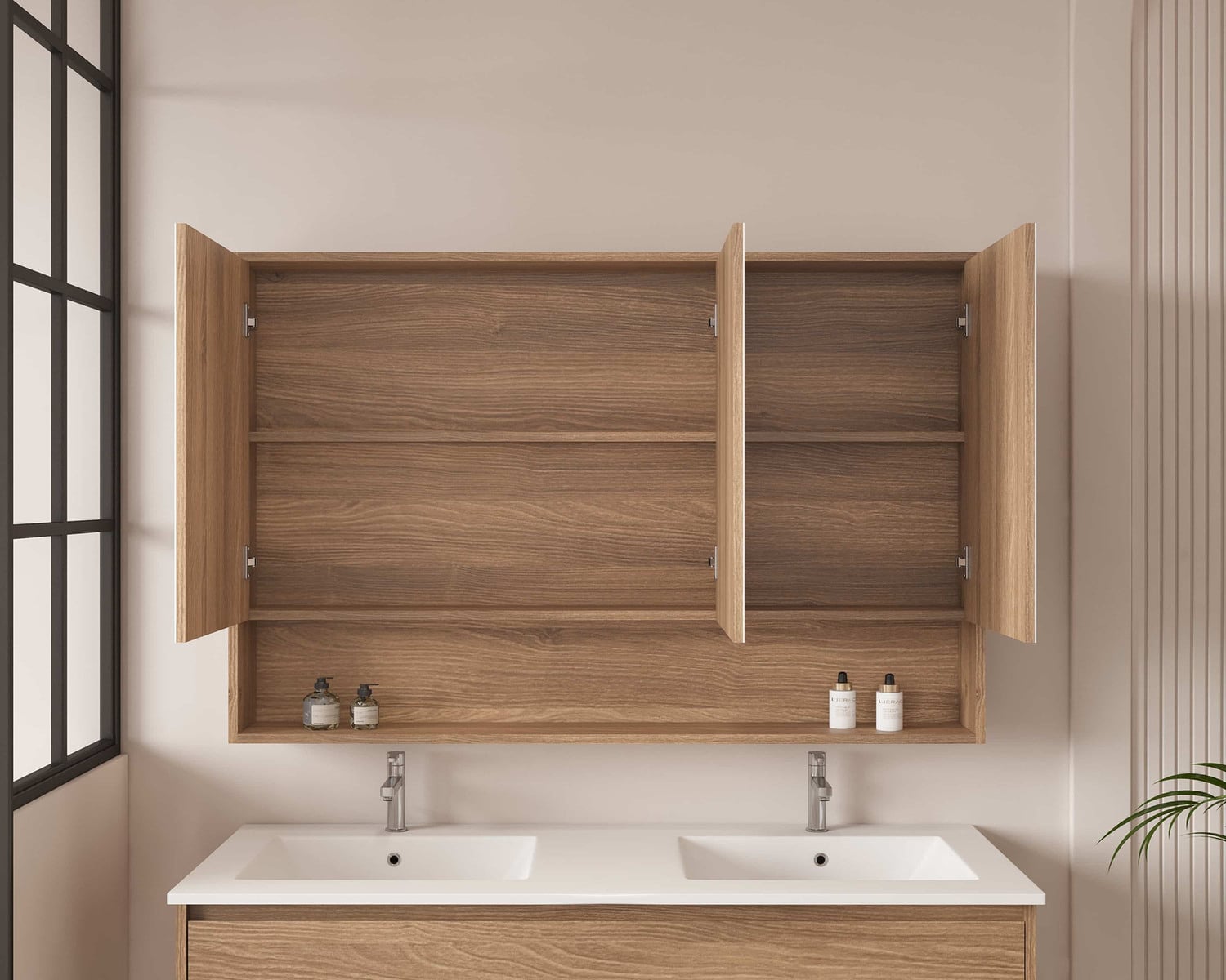 Horizon 1200mm Medium Oak Mirrored Shaving Cabinet with Open Shelf