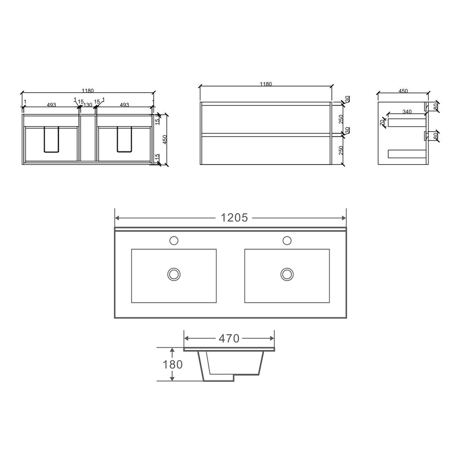 Horizon 1200mm Medium Oak Wall Hung Double Vanity