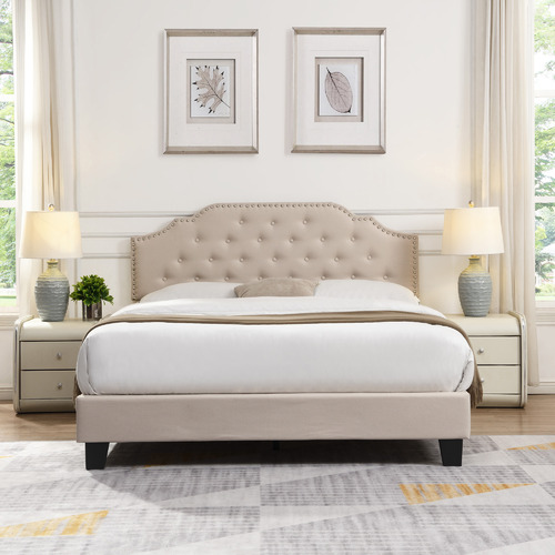 SandStoneSea Beige Jerson Upholstered Bed | Temple & Webster