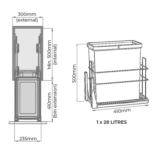 28L Single Slide Out Concealed Waste Bin