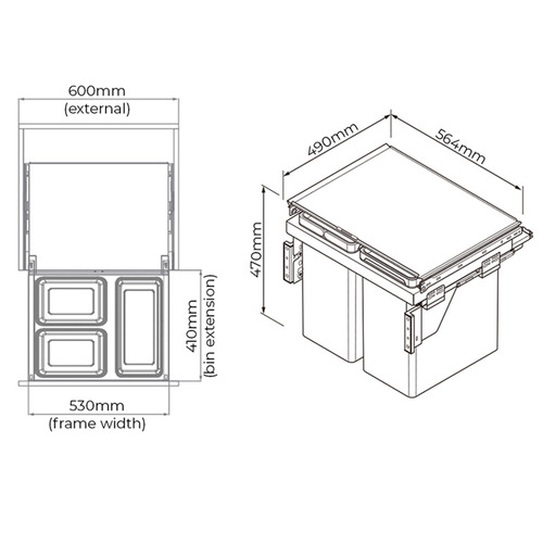 56L Triple Slide Out Concealed Waste Bin