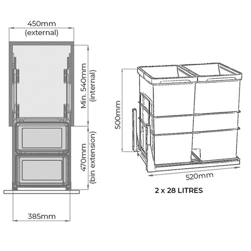 Grey 56L Twin Slide Out Concealed Waste Bin