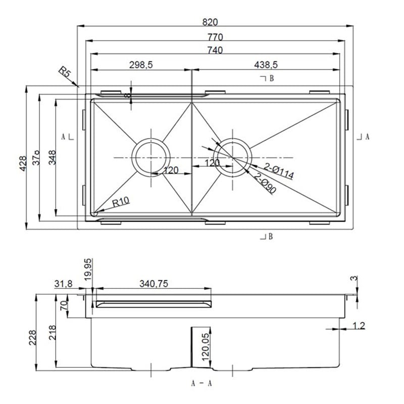 Piniz 1 & &frac12; Sink Bowl with Slide Lip