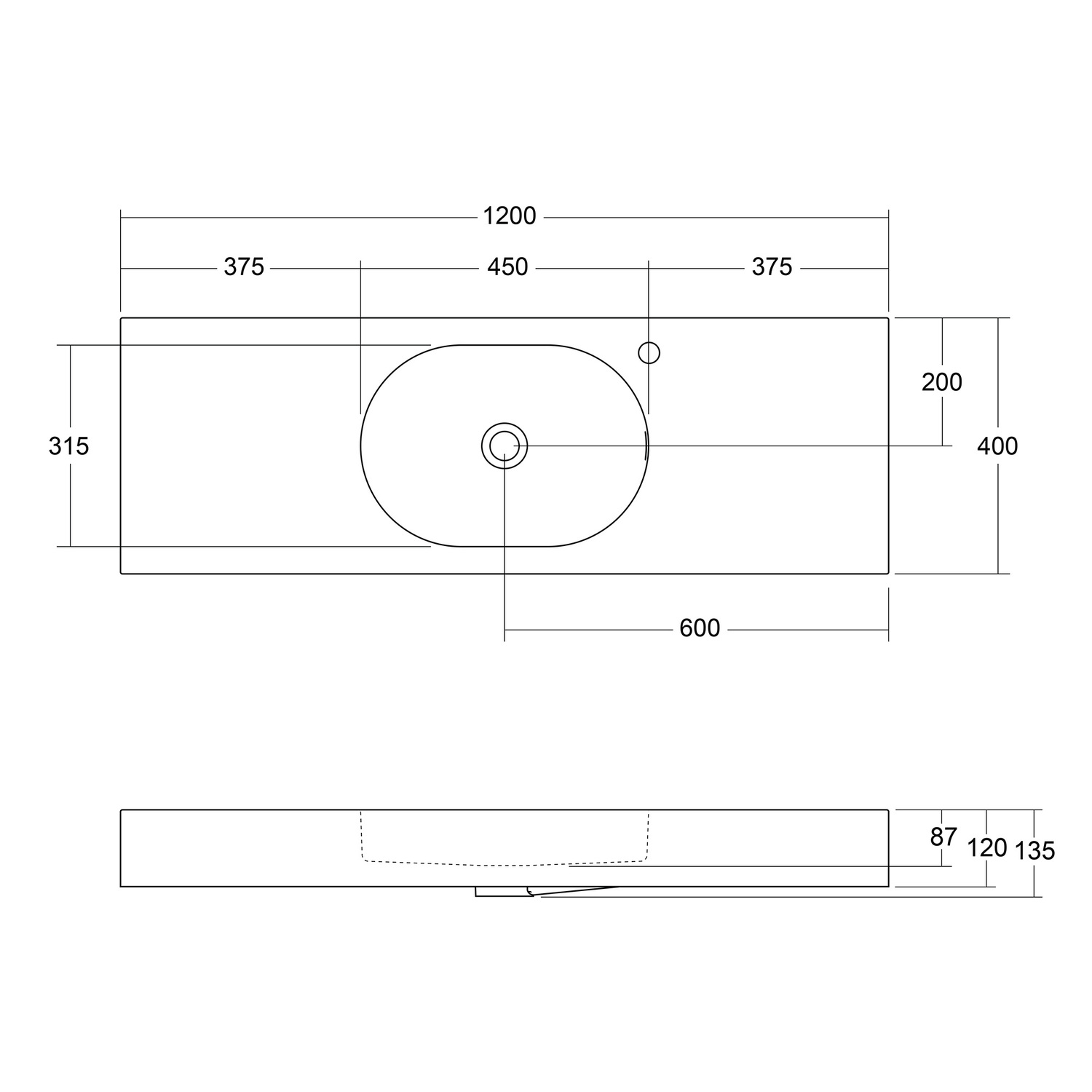 Arki 1200mm Matte White Wall Hung Basin with Overflow