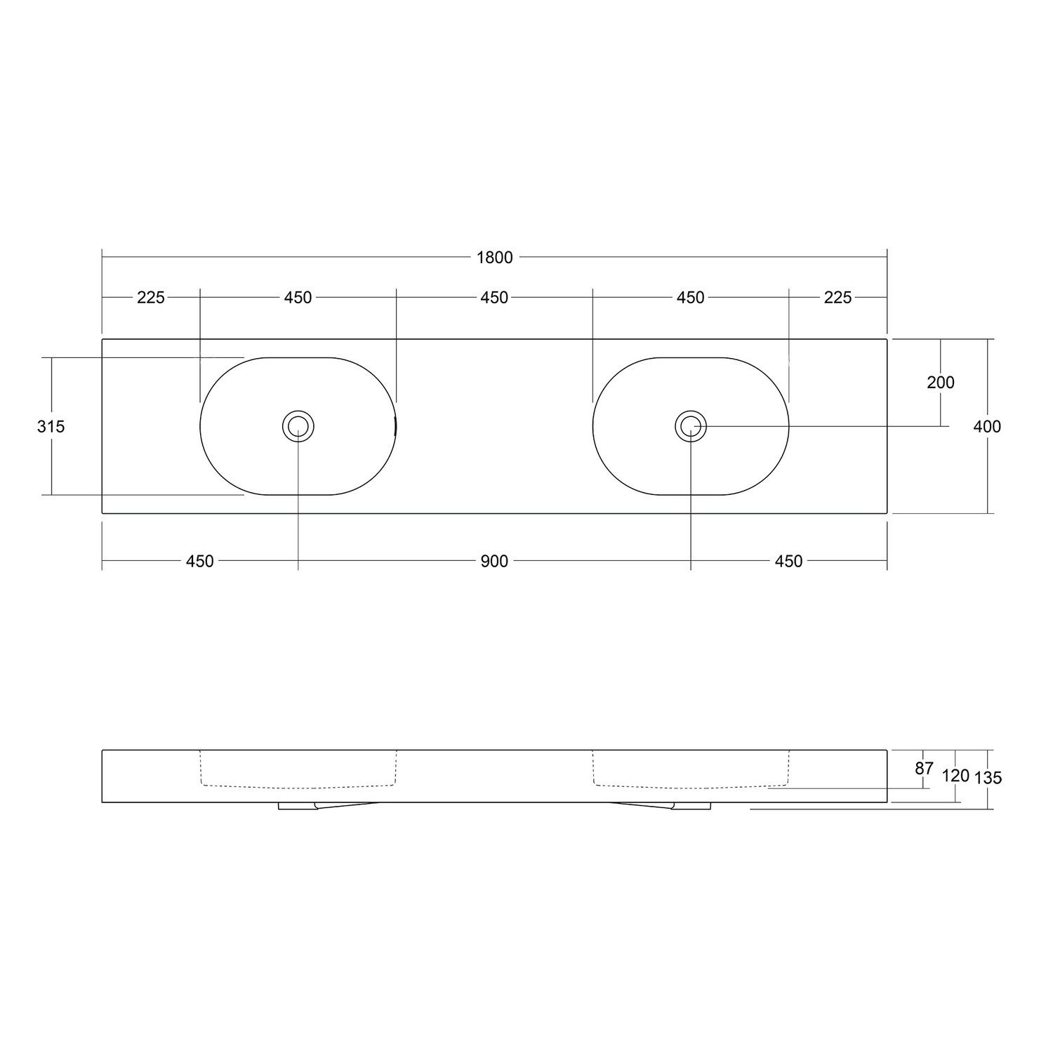Arki 1800mm Matte White Wall Hung Double Basin with Overflow